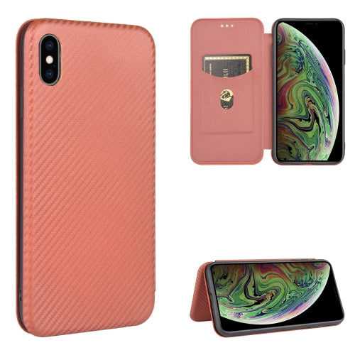 For iPhone X / XS Carbon Fiber Texture Magnetic Horizontal Flip TPU + PC + PU Leather Case with Card Slot(Brown)