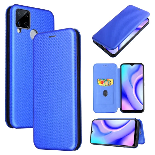 For OPPO Realme C15 Carbon Fiber Texture Magnetic Horizontal Flip TPU + PC + PU Leather Case with Card Slot(Blue)