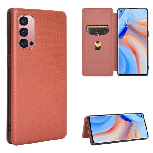 For OPPO Reno4 Pro 5G Carbon Fiber Texture Magnetic Horizontal Flip TPU + PC + PU Leather Case with Card Slot(Brown)