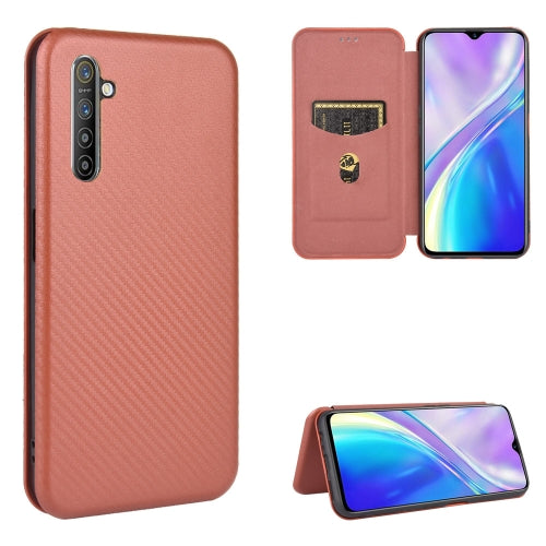 For OPPO Realme XT / X2 / K5 Carbon Fiber Texture Magnetic Horizontal Flip TPU + PC + PU Leather Case with Card Slot(Brown)
