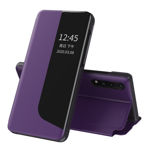 For Huawei P20 Side Display Shockproof Horizontal Flip Leather Case with Holder & Call Answering Function & Sleep / Wake-up(Purple)