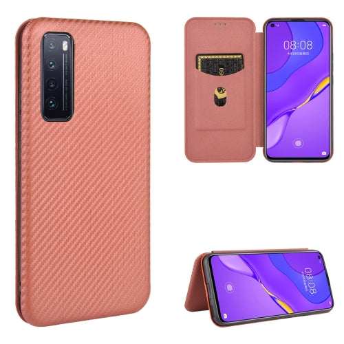 For Huawei nova 7 5G Carbon Fiber Texture Magnetic Horizontal Flip TPU + PC + PU Leather Case with Card Slot(Brown)