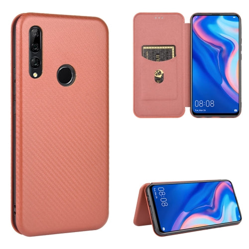 For Huawei P Smart Z / Y9 Prime (2019) Carbon Fiber Texture Magnetic Horizontal Flip TPU + PC + PU Leather Case with Card Slot(Brown)