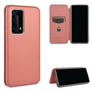 For Huawei P40 Pro+ Carbon Fiber Texture Magnetic Horizontal Flip TPU + PC + PU Leather Case with Card Slot(Brown)