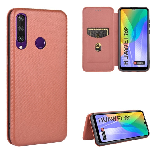 For Huawei Y6p Carbon Fiber Texture Magnetic Horizontal Flip TPU + PC + PU Leather Case with Card Slot(Brown)