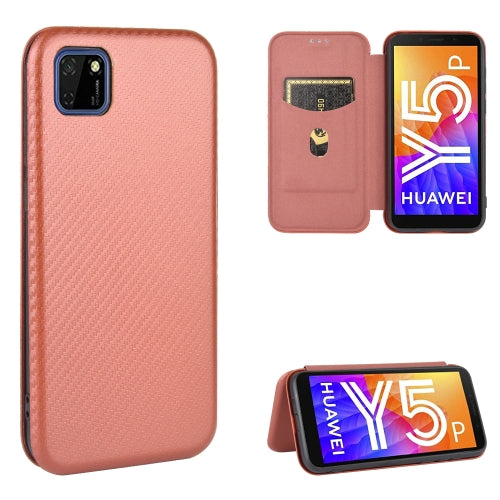 For Huawei Y5p / Honor 9S Carbon Fiber Texture Magnetic Horizontal Flip TPU + PC + PU Leather Case with Card Slot(Brown)