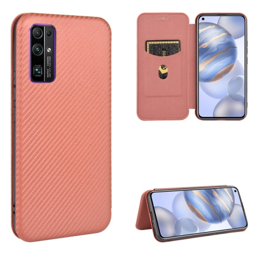 For Huawei Honor 30 Carbon Fiber Texture Magnetic Horizontal Flip TPU + PC + PU Leather Case with Card Slot(Brown)