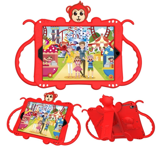 For iPad 9.7 (2018) Cartoon Monkey Kids Tablet Shockproof EVA Protective Case with Holder & Shoulder Strap & Handle(Red)