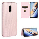 For OnePlus 7 Carbon Fiber Texture Magnetic Horizontal Flip TPU + PC + PU Leather Case with Card Slot(Pink)
