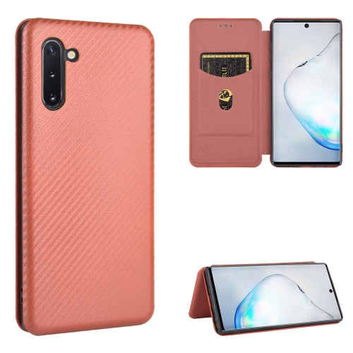 For Samsung Galaxy Note10 Carbon Fiber Texture Magnetic Horizontal Flip TPU + PC + PU Leather Case with Card Slot(Brown)