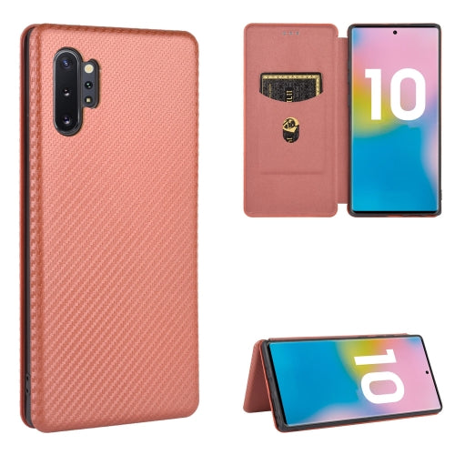 For Samsung Galaxy Note10 Plus Carbon Fiber Texture Magnetic Horizontal Flip TPU + PC + PU Leather Case with Card Slot(Brown)