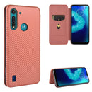 For Motorola Moto G8 Power Lite Carbon Fiber Texture Magnetic Horizontal Flip TPU + PC + PU Leather Case with Rope & Card Slot(Brown)