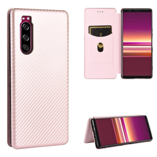 For Sony Xperia 5 ll Carbon Fiber Texture Magnetic Horizontal Flip TPU + PC + PU Leather Case with Card Slot(Pink)