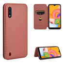 For Samsung Galaxy A01 Carbon Fiber Texture Magnetic Horizontal Flip TPU + PC + PU Leather Case with Rope & Card Slot(Brown)