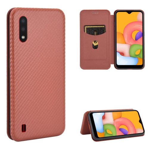 For Samsung Galaxy A01 Carbon Fiber Texture Magnetic Horizontal Flip TPU + PC + PU Leather Case with Rope & Card Slot(Brown)