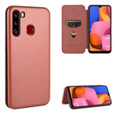 For Samsung Galaxy A21(Eurasian Version) Carbon Fiber Texture Magnetic Horizontal Flip TPU + PC + PU Leather Case with Rope & Card Slot(Brown)