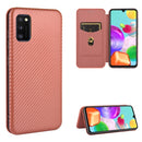 For Samsung Galaxy A41(Eurasian Version) Carbon Fiber Texture Magnetic Horizontal Flip TPU + PC + PU Leather Case with Rope & Card Slot(Brown)