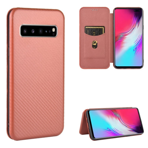 For Samsung Galaxy S10 5G Carbon Fiber Texture Magnetic Horizontal Flip TPU + PC + PU Leather Case with Rope & Card Slot(Brown)