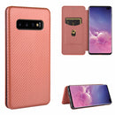For Samsung Galaxy S10 Plus Carbon Fiber Texture Magnetic Horizontal Flip TPU + PC + PU Leather Case with Rope & Card Slot(Brown)