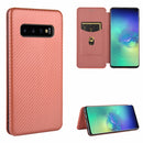 For Samsung Galaxy S10 Carbon Fiber Texture Magnetic Horizontal Flip TPU + PC + PU Leather Case with Rope & Card Slot(Brown)