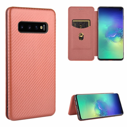 For Samsung Galaxy S10 Carbon Fiber Texture Magnetic Horizontal Flip TPU + PC + PU Leather Case with Rope & Card Slot(Brown)