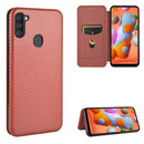 For Samsung Galaxy A11(EU Version) Carbon Fiber Texture Magnetic Horizontal Flip TPU + PC + PU Leather Case with Rope & Card Slot(Brown)