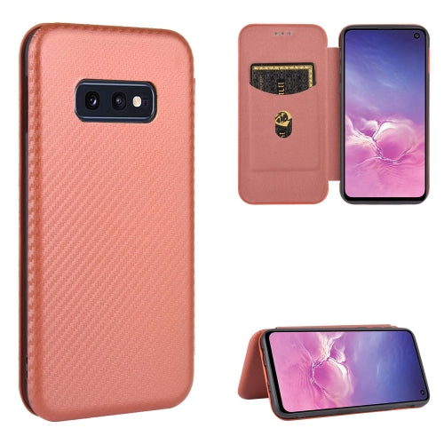 For Samsung Galaxy S10e Carbon Fiber Texture Magnetic Horizontal Flip TPU + PC + PU Leather Case with Rope & Card Slot(Brown)