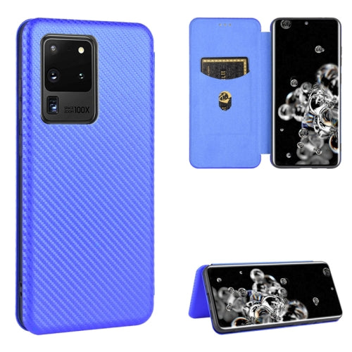 For Samsung Galaxy S20 Ultra Carbon Fiber Texture Magnetic Horizontal Flip TPU + PC + PU Leather Case with Rope & Card Slot(Blue)