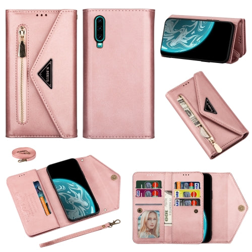 For Huawei P30 Skin Feel Zipper Horizontal Flip Leather Case with Holder & Card Slots & Photo Frame & Lanyard & Long Rope(Rose Gold)