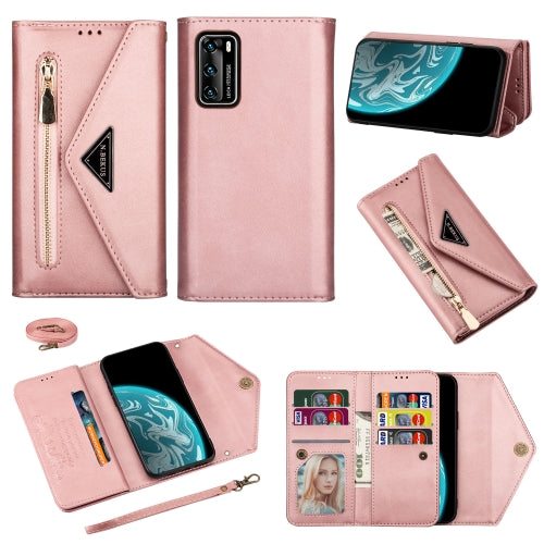 For Huawei P40 Skin Feel Zipper Horizontal Flip Leather Case with Holder & Card Slots & Photo Frame & Lanyard & Long Rope(Rose Gold)
