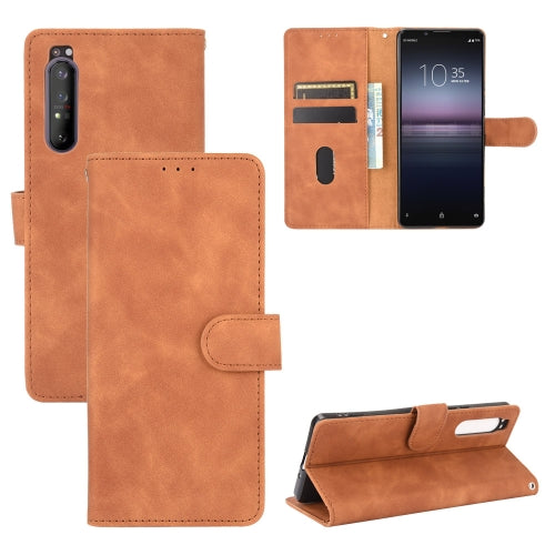 For Sony Xperia 1 II Solid Color Skin Feel Magnetic Buckle Horizontal Flip Calf Texture PU Leather Case with Holder & Card Slots & Wallet(Brown)