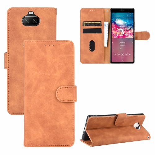 For Sony Xperia 8 Lite Solid Color Skin Feel Magnetic Buckle Horizontal Flip Calf Texture PU Leather Case with Holder & Card Slots & Wallet(Brown)