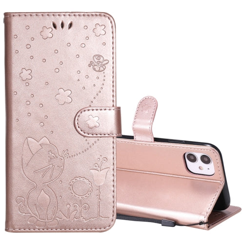 For iPhone 11 Cat Bee Embossing Pattern Shockproof Horizontal Flip Leather Case with Holder & Card Slots & Wallet(Rose Gold)