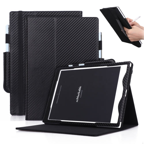 For reMarkable 10.3 inch (2018) Carbon Fiber Texture PU Horizontal Flip Leather Case with Holder & Pen Slot & Hand Strap(Black)