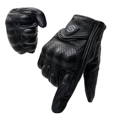 WUPP CS-1048A Motorcycle Racing Cycling Windproof Breathable Leather Full Finger Gloves with Holes, Size:L(Black)