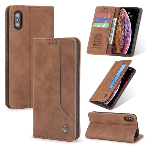 For iPhone XS / X POLA 008 Series Retro Magnetic Horizontal Flip Leather Case with Holder & Card Slots(Brown)