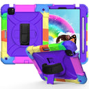 For iPad Air (2020) 10.9 Shockproof PC + Silicone Combination Case with Holder & Hand Strap & Shoulder Strap(Colorful + Purple)