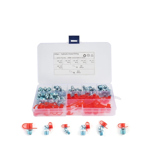 100 in 1 Zerk Oil Grease Fitting Assortment Kits with Dust Cover Cap