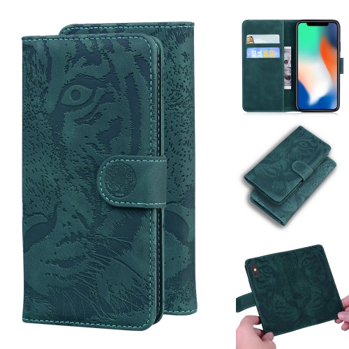 For iPhone XS / X Tiger Embossing Pattern Horizontal Flip Leather Case with Holder & Card Slots & Wallet(Green)