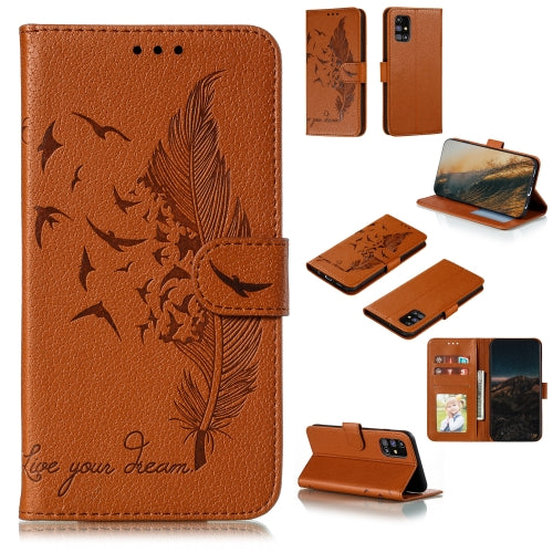 For Samsung Galaxy M31s Feather Pattern Litchi Texture Horizontal Flip Leather Case with Wallet & Holder & Card Slots(Brown)