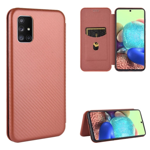 For Samsung Galaxy M51 (Side Fingerprint) Carbon Fiber Texture Magnetic Horizontal Flip TPU + PC + PU Leather Case with Card Slot(Brown)