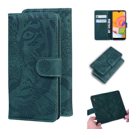 For Samsung Galaxy A01 Tiger Embossing Pattern Horizontal Flip Leather Case with Holder & Card Slots & Wallet(Green)