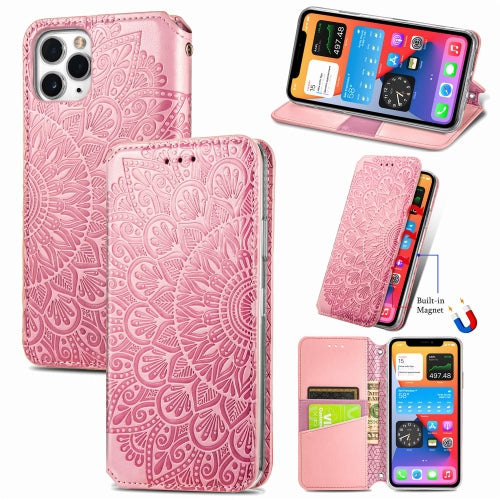 For iPhone 11 Pro Blooming Mandala Embossed Pattern Magnetic Horizontal Flip Leather Case with Holder & Card Slots & Wallet(Pink)
