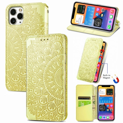 For iPhone 11 Blooming Mandala Embossed Pattern Magnetic Horizontal Flip Leather Case with Holder & Card Slots & Wallet(Yellow)