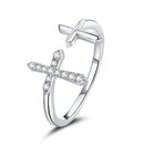 S925 Sterling Silver Shiny Cross Women Zircon Open Ring