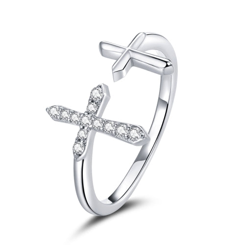 S925 Sterling Silver Shiny Cross Women Zircon Open Ring