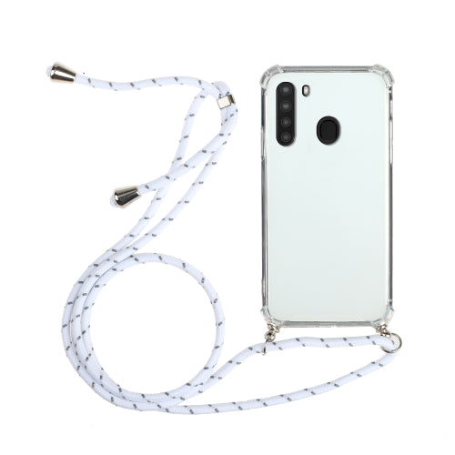 For Samsung Galaxy A21 (EU Version) Four-Corner Anti-Fall Transparent TPU Protective Case with Lanyard(White)
