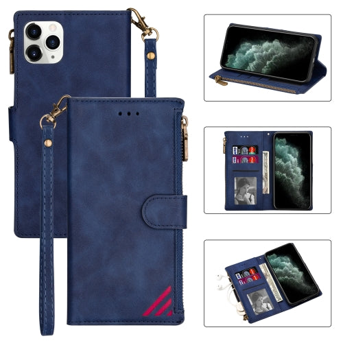 Zipper Multi-card Slots Horizontal Flip PU Leather Case with Holder & Card Slots & Wallet & Lanyard & Photo Frame for iPhone 11(Blue)