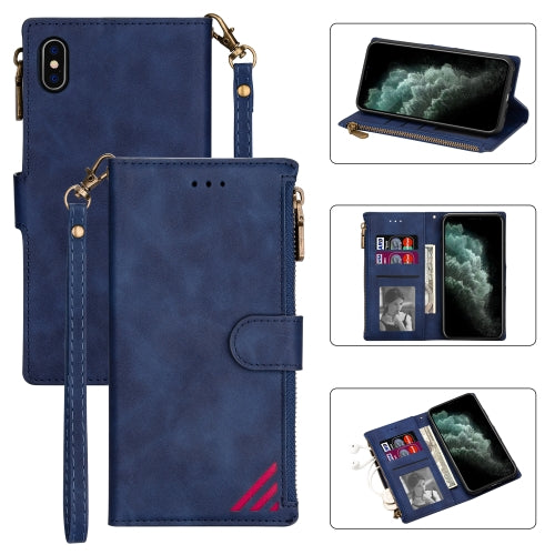 Zipper Multi-card Slots Horizontal Flip PU Leather Case with Holder & Card Slots & Wallet & Lanyard & Photo Frame for iPhone XS Max(Blue)