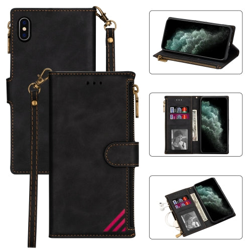 Zipper Multi-card Slots Horizontal Flip PU Leather Case with Holder & Card Slots & Wallet & Lanyard & Photo Frame for iPhone XR(Black)